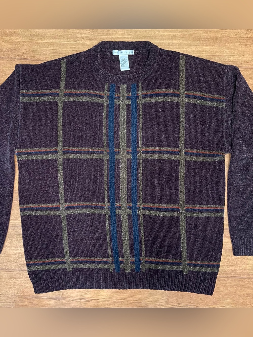Vintage Geoffrey Beene Plaid Sweater Large Purple Knit Geometri Striped Crewneck